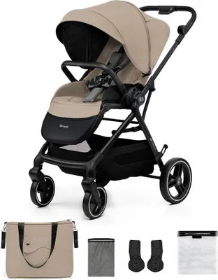 A beige and black Kinderkraft YOXI stroller is shown against a white background, with accessories displayed below.