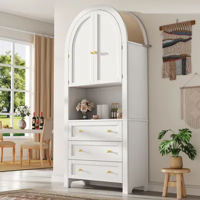 Produktbild von Flieks Hochschrank mit gewölbter Oberseite, Highboard mit Leinenbezug, Küchenschrank im Retro-Stil, Schrank für Wohnzimmer Flur, weiß