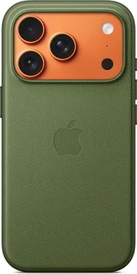 A green iPhone case with an orange camera module.