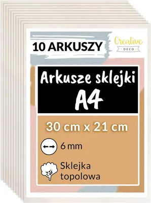 Zdjęcie produktu dla Creative Deco 10x A4 Sklejka z Topoli | 300x210x6mm | Sklejki do majsterkowania i prac manualnych | Idealna do pirografii, cięcia laserem, modelarstwa