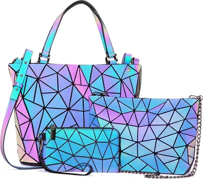 Produktbild von Damenhandtaschen-Set, geometrische Hologrammtasche, 3-teilige Umhängetasche aus Kunstleder, leuchtende Umhängetasche, bestes Geschenk für Frauen