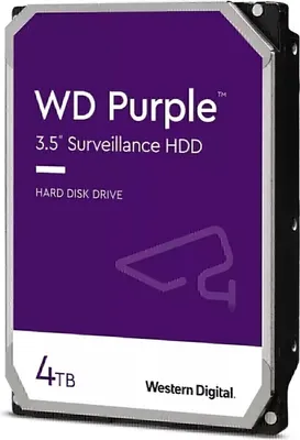 A WD Purple 4TB surveillance hard disk drive is shown from a diagonal front view against a white background.