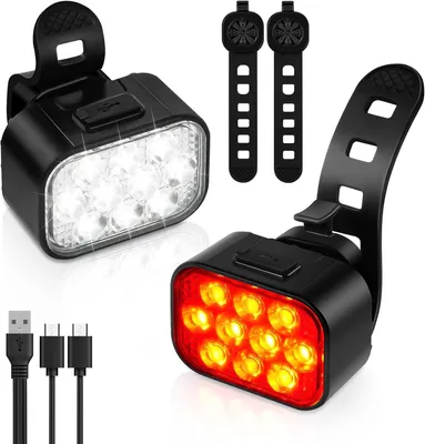 Produktbild von Aufladbare LED-Fahrradlichter, vorne und hinten, mit 8+9 Beleuchtungsmodi, wasserdicht, schnelle Aufladung