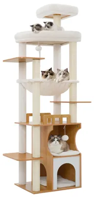 Image de Arbre à chat en bois avec plusieurs niveaux et griffoirs