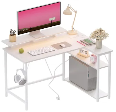 Obrázok produktu pre Herný stôl v tvare "L" s RGB LED osvetlením a zásuvkami, 100 x 80 cm, biela farba