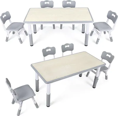 Produktbild von Faziango Kindertisch mit 4 Stühlen grau, Höhenverstellbare Kindermöbel für Spielzimmer und Kindergarten, Kindersitzgruppe, Sitzgruppe für Kinder, 120x60 cm