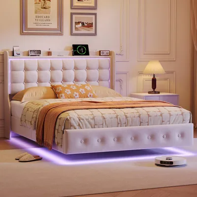 Image de Lit rembourré ProximaX 160 x 200 cm avec ports USB et Type-C, lit double pour adolescent avec éclairage LED, lit à rangement hydraulique avec sommier à lattes, velours, blanc