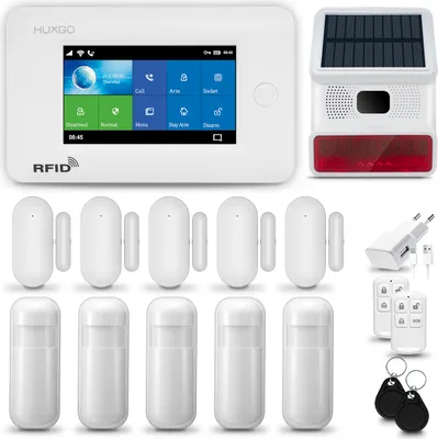 Produktbild von HUXGO HXA006 Alarmanlage Haus WiFi + GSM 4G LTE mit Funk Sirene, Alarm System mit 5x Bewegungssensor und 5x Tür- Fenstersensor, Alarmanlage für Wohnung, Haus, Garage, Tuya Smartlife App