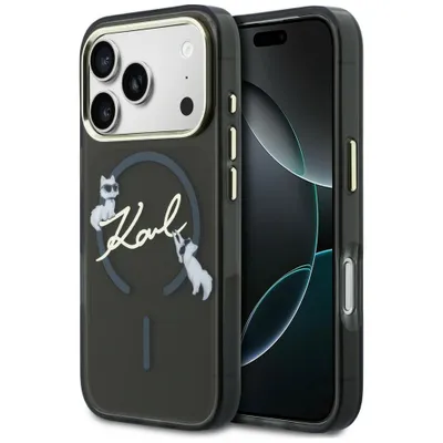 Productafbeelding van Karl Lagerfeld hoesje voor iPhone 18 Pro Max, MagSafe, kunststof, zwart, met afbeelding van de kat Choupette