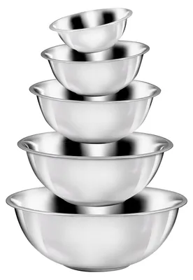 A stack of five stainless steel mixing bowls of varying sizes, presented against a plain white background.