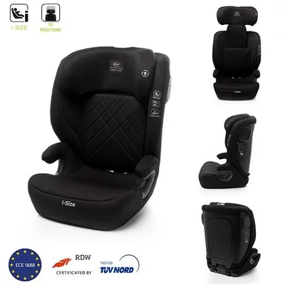 A black car seat is shown from multiple angles against a white background, along with certification logos.