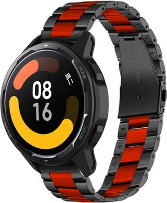 Produktbild von Strap-it Stahlarmband - Kompatibel mit Xiaomi Watch S1 Armband Ersatzarmband Edelstahl - Gliederarmband mit Faltschließe - Hochwertiges Material - für Smartwatch 22mm Armband Schwarz / Rot