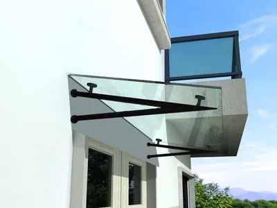 Produktbild von BuyLando (V) 190x90 cm Klarglas Glasvordach inkl. Edelstahlhalter in Schwarz