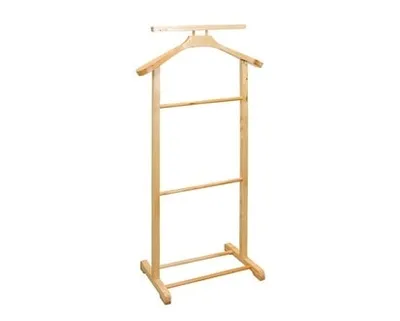 A wooden valet stand against a white background.