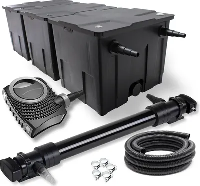 Produktbild von Wiltec Komplettset: CBF-350C Teichfilter bis 90000 L Teichfilteranlage Durchlauffilter, NEO10000 Teichpumpe 10000l/h 80W, CUV-672 Teichklärer 72W, 10m Teichschlauch 38 mm, Schlauchschellen W1 44-47mm