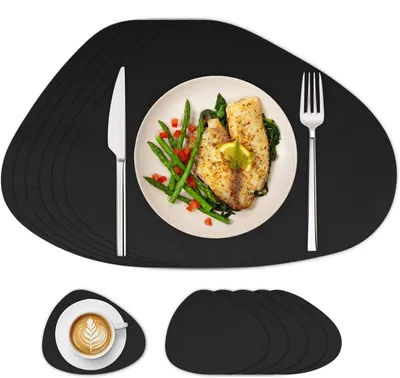 Platzsets, abwaschbar, Kunstleder, rund, schwarz, 6 Stück