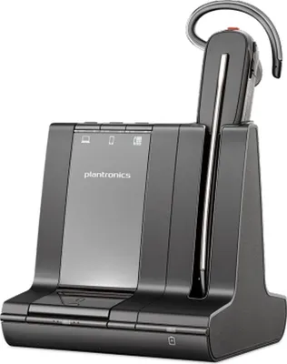 A black Plantronics Savi 8240 office headset and its charging base are shown against a white background.