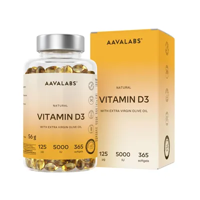 Immagine prodotto di Aavalabs Vitamina D3 5000 UI | Sistema immunitario e ossa | 365 capsule molli