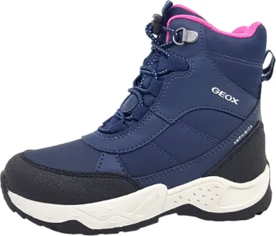 A single blue and pink children's boot is shown against a white background.