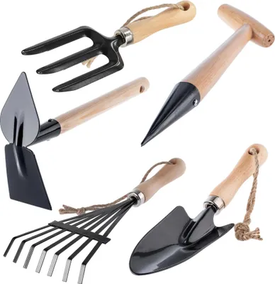 Produktbild von Gartengeräte - Handwerkzeug-Set - 5-in-1 - Pflanzkelle - Handrechen - Hacke - Kultivator-Kralle - Unkrautentferner