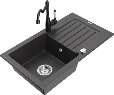 Produktbild von Mexen Pablo 1 Becken-Granitspüle mit Abtropffläche und Mischbatterie Carla, Schwarz gesprenkelt - 6510-76-670700-70