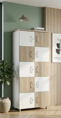Produktbild von Modern Aufbewahrungsschrank mit alternierenden Holz- und Weißtüren