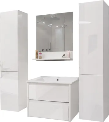 Obrázek produktu pro Koupelnová sestava XL HWC-B19, umyvadlo, nástěnné zrcadlo, 2x nástěnná skříňka, vysoký lesk  bílá