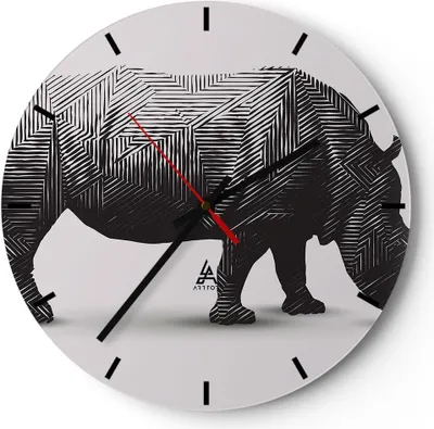 Produktbild von Wanduhr - Rund - Glasuhr - Nashorn Tier Afrika Safari - 30x30cm - Schleichendes Uhrwerk - Lautlos - zum Aufhängen bereit - Dekoration Modern - Wanddekoration aus Glas - C3AR30x30-2935