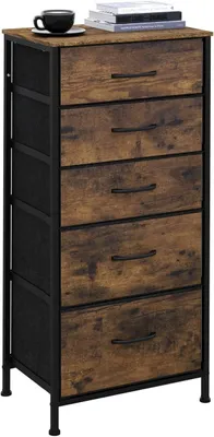 Zdjęcie produktu dla Komoda z 5 szufladami obitymi tkaniną i metalową ramą | Kolor: brązowy (w stylu vintage) | Wymiary: 45,5 x 30 x 95,5 cm