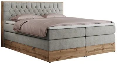 Produktbild von MKS MEBLE King Boxspringbett 180x200 mit Bettkasten Eiche, Polsterbett 180x200 mit Matratze H3, Bett 180x200 mit Kopfteil, Bett mit Holzrahmen in Wotan Eiche - Hellgrau Struktur - Amore King