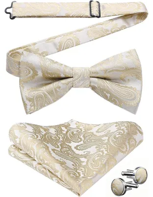 Produktbild von Herren Fliegen Set Paisley Beige mit Einstecktuch und Manschettenknöpfen Vorgebunden Verstellbar