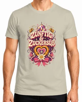 Immagine prodotto di Maglietta da uomo a tema "Volksfest" con motivi tradizionali, ideale per la "Wiesn", con stampe che richiamano l'abbigliamento tradizionale, i pantaloni di pelle e il cuore. Taglia: S