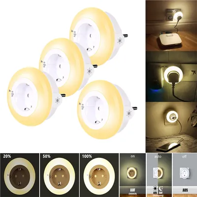 Immagine prodotto di Set di 4 luci notturne a LED dimmerabili con presa, luce notturna a LED da parete con presa, sensore crepuscolare, luce notturna plug-in, corridoio, camera da letto, bianco caldo