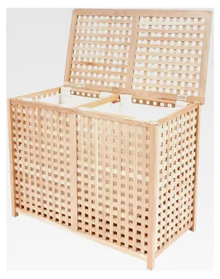 Produktbild von Wäschekorb mit 2 Fächern und Deckel aus Rattan und Holz, Wäschetruhe mit herausnehmbarem Baumwoll-Wäschesack, Wäschesammler, Wäschebox, Wäschetonne 89x46x67cm