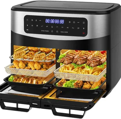Obrázok produktu pre Fritovací hrn s dvojitou komorou - XXL, konvekčná fritéza - zdravé varenie - dvojité sklo - 12 litrov, čierna