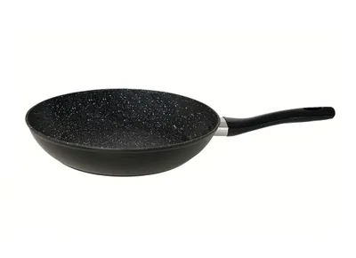 A black wok pan with a speckled interior and a black handle, shown against a white background.