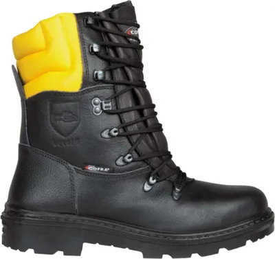 A black work boot with yellow padding at the ankle, shown against a white background.