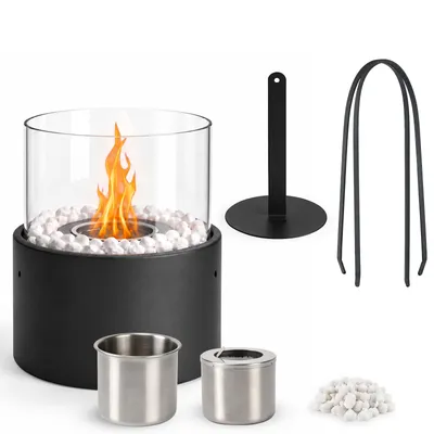 Imagen del producto de Chimenea de bioetanol para mesa, redonda, con mango, de vidrio, con piedras decorativas, de acero inoxidable, para uso interior y exterior, ideal para salones y fiestas, color negro