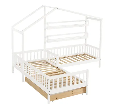 Produktbild von Flieks Hausbett Kinderbett 90x200cm+70x140cm für 2 Kinder, Massivholzbett L-Struktur mit Schubladen, Regalen, Rausfallschutz und Lattenrost, Weiß