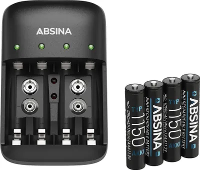 Produktbild von ABSINA Akku Ladegerät Set X4 für AA, AAA & 9V - Akkuladegerät inkl. 4x AAA 1150 Akkus - NiMH Ladegerät Akkus