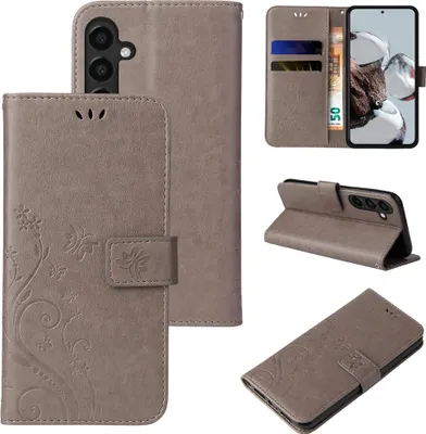 Multiple views of a gray flip phone case with floral and butterfly embossing.