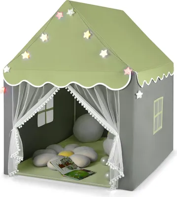 Produktbild von GOPLUS Kinderhauszelt, Spielzelt mit Netzfenster, Großer Raum, Stern-Lichterkette, Baumwollmatte, Gaze-Vorhänge, Spielhaus Klappzelt für Kinder ab 3 Jahren (Grün)