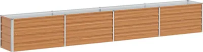 A long, modular raised garden bed with a wood-like finish and silver metal accents, shown against a white background.