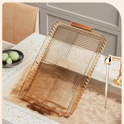 Produktbild von Transparente Teeschale aus Kunststoff, vielseitig verwendbare Abtropfschale mit großem Fassungsvermögen und Griff für zu Hause, im Freien und beim Camping (klein, gelbbraun, transparent)