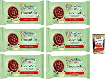Produktbild von Mulino Bianco Biscotti Cioccosole, kekse mit Reis und Schokoladenchips, Gluten -freie, ideal zum Frühstück oder Snacks, biscuits ohne Palmöl, gluten free 6x 250 g + Italian Gourmet polpa 400g