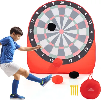 Produktbild von COSTWAY Großes Dartboard für Kinder, Dart Wurfspiel Set mit 4 Kickbällen & Tragetasche, Rot + Schwarz + Weiß