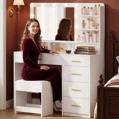 Produktbild von Fobyfurny Schminktisch mit 10 LED-Beleuchtung, Hocker, Weiß | Frisiertisch mit Große Spiegel, Schminktische mit Stecker, Und Haartrocknerhalter