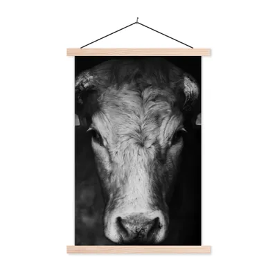 Produktbild von MuchoWow® Textilposter Tiere - Kuh - Schwarz - Weiß - Kuhkopf 40x60 cm mit holzfarbenen Rahmen - Poster