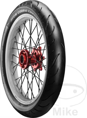 A motorcycle tire mounted on a spoked wheel with a red hub.