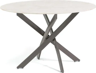 Produktbild von Runder Tisch Ø120 cm mit gehärteter Glasplatte und Metallbeinen – modernes, lichtvolles und elegantes Design für Küche, Esszimmer, Wohnzimmer und Büro – KASPER – Rosa Marmor/Turteltaube